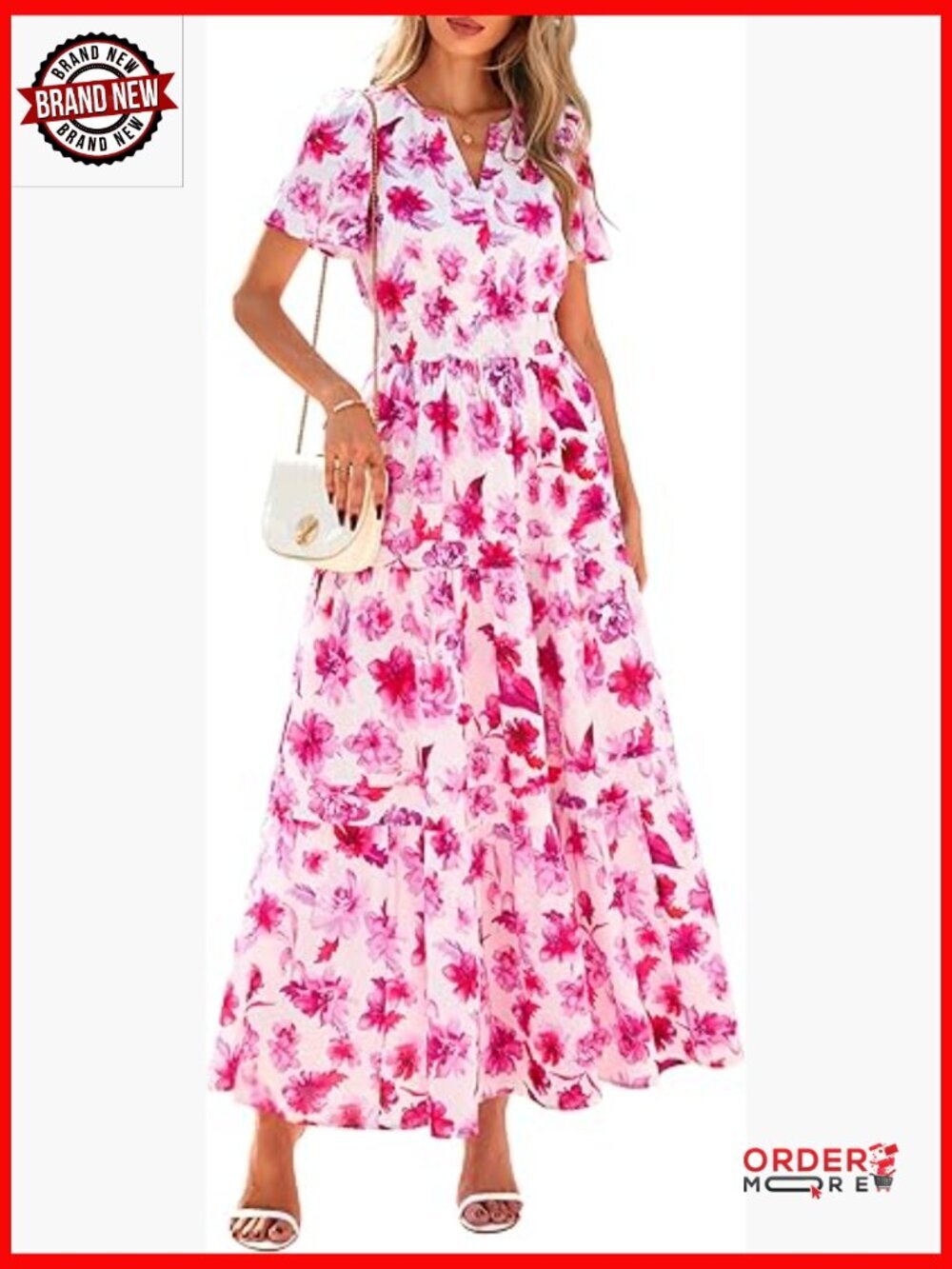 Boho Floral Maxi Dress with Pockets Elastic Waist Tiered